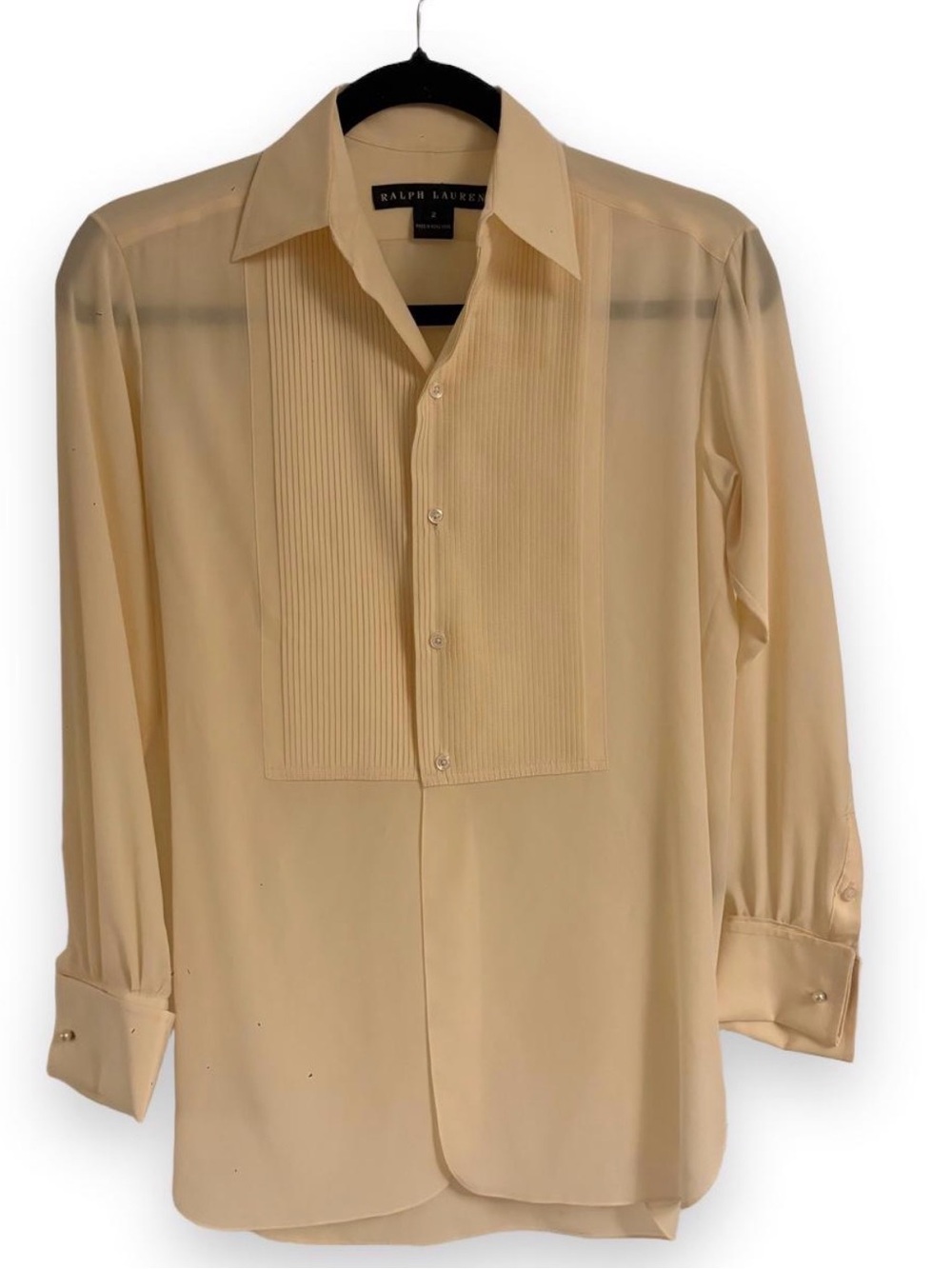 Ralph Lauren Black Label Silk Tuxedo Pleated Bib Blouse Cream Size 2